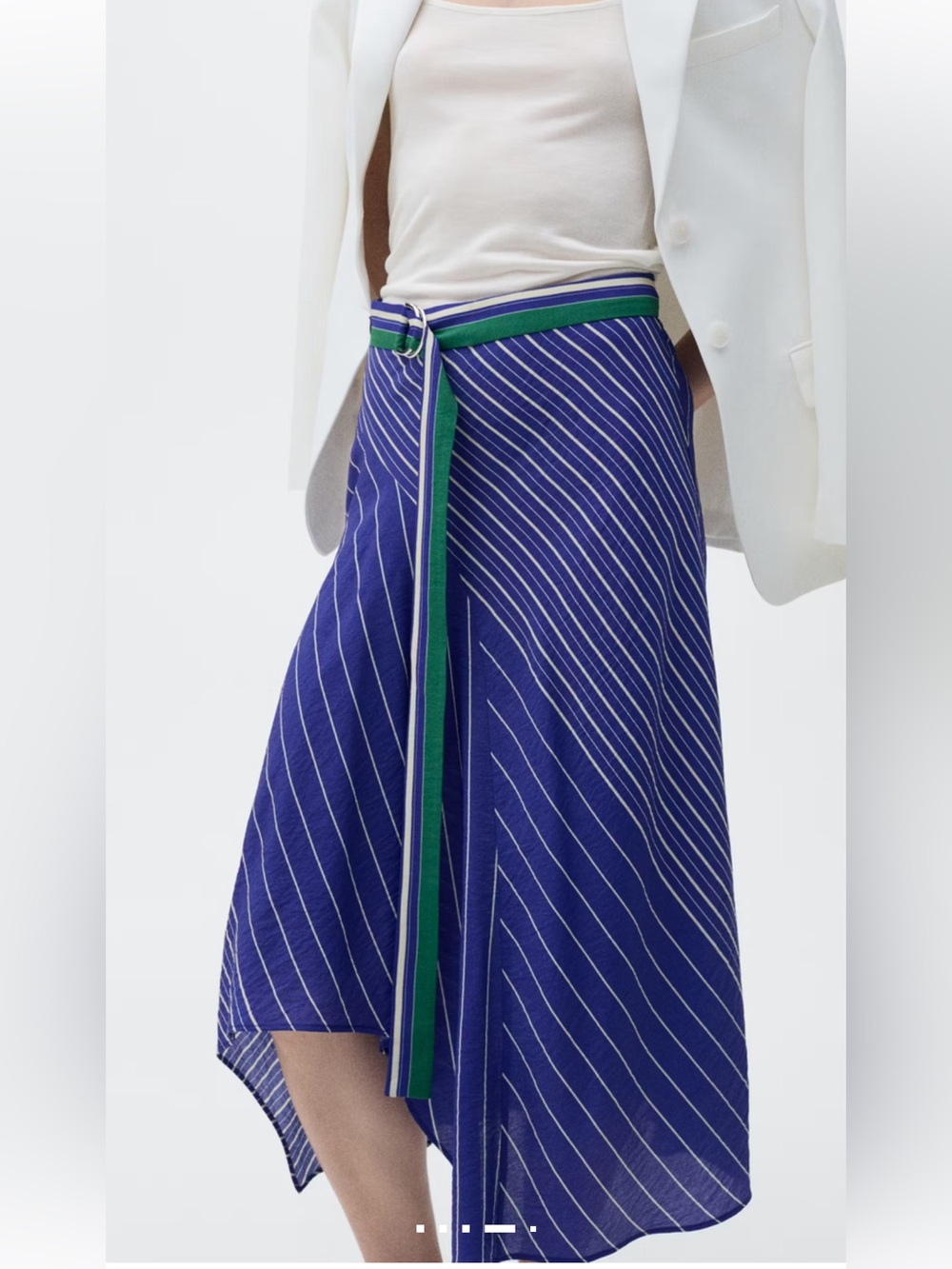Mango MNG Striped A-Line Midi Skirt in Royal Blue with Green Belt Size 2